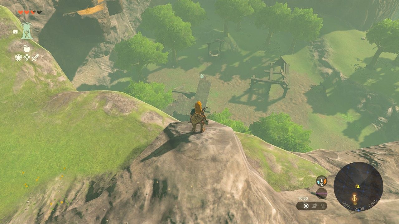 Link standing on a cliff edge overlooking the entrance to the Popla Foothills Excavation Site cave.