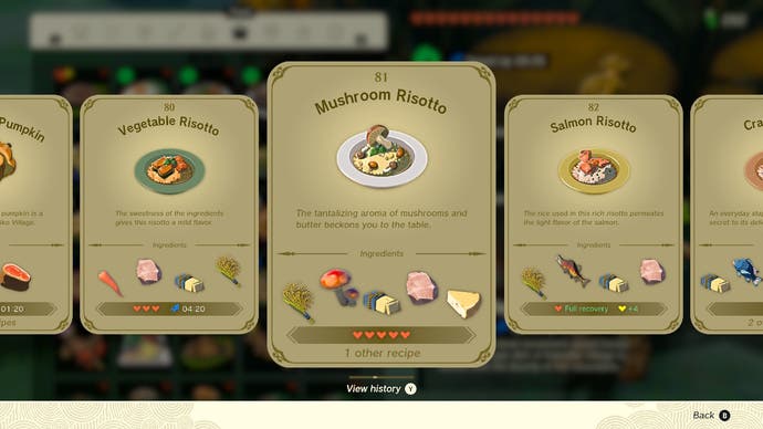 The cookbook in Zelda: Tears of the Kingdom showing a selection of different recipes.