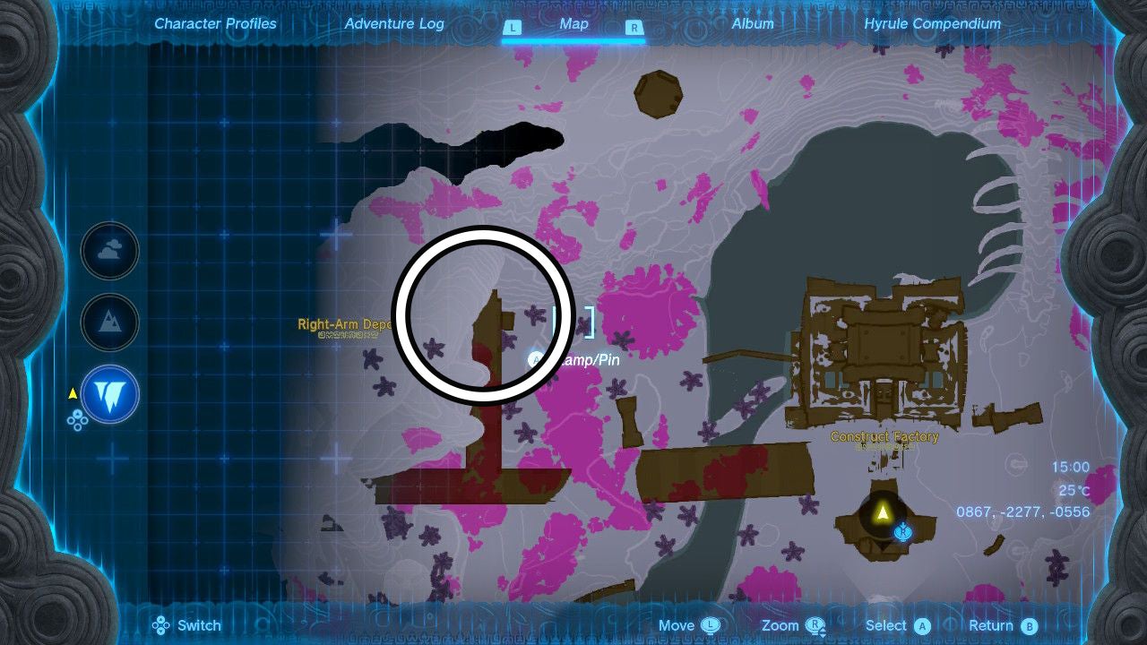 Map showing the location of the Right-Arm Depot in The Legend of Zelda: Tears of the Kingdom.
