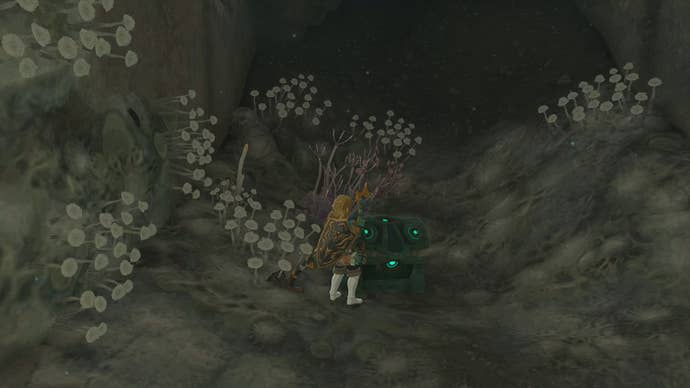 Link standing next to a chest in the Right-Arm Depot in The Legend of Zelda: Tears of the Kingdom.