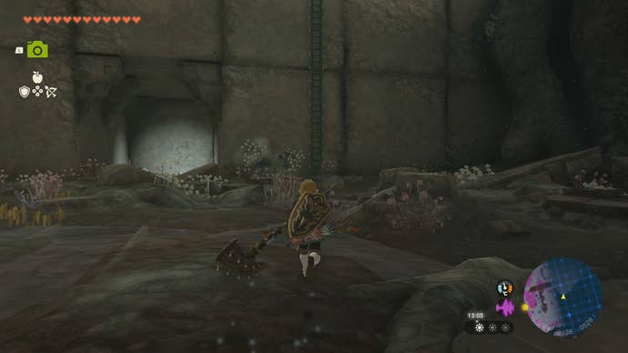 Link exploring the bottom floor of the Right-Arm Depot in The Legend of Zelda: Tears of the Kingdom.