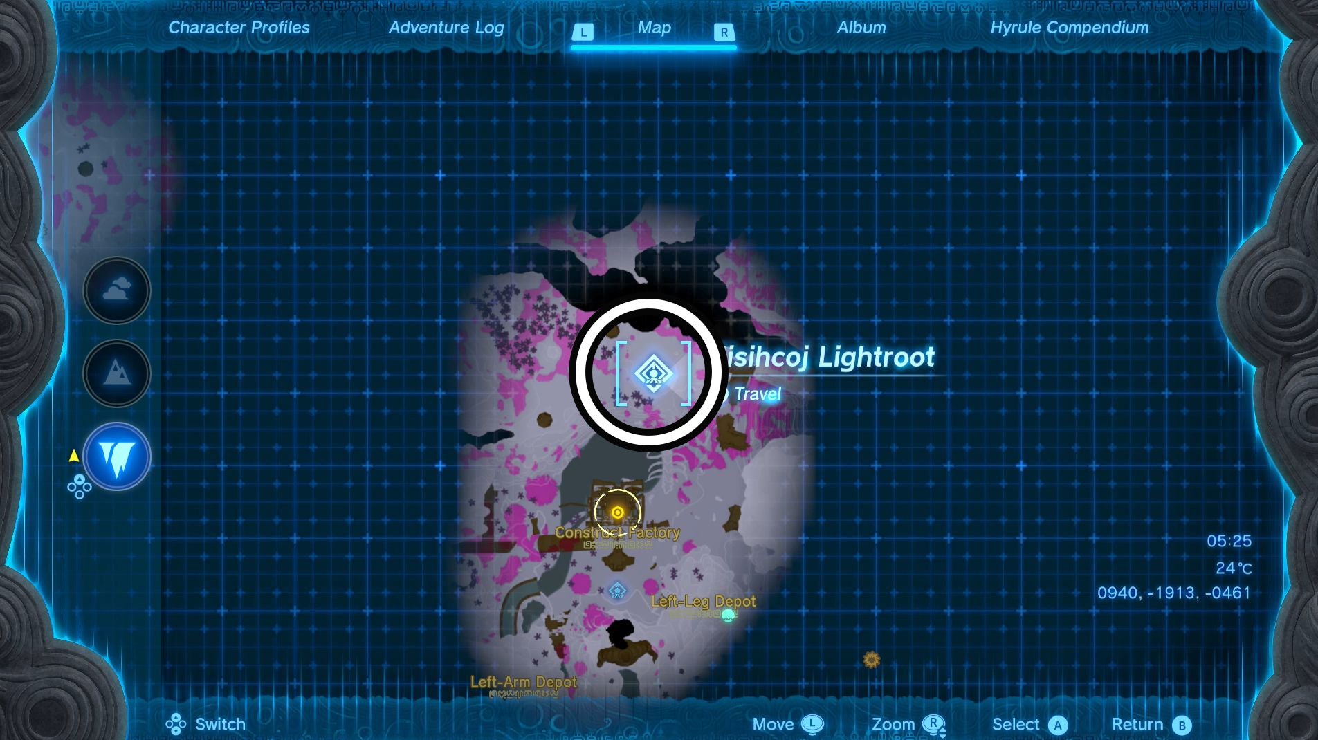 Map showing the Uisihcoj Lightroot location in The Legend of Zelda: Tears of the Kingdom.