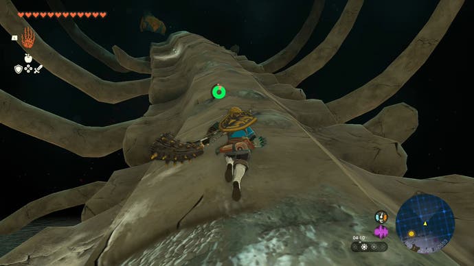 Link running on a giant spine towards the Uisihcoj Lightroot in The Legend of Zelda: Tears of the Kingdom.