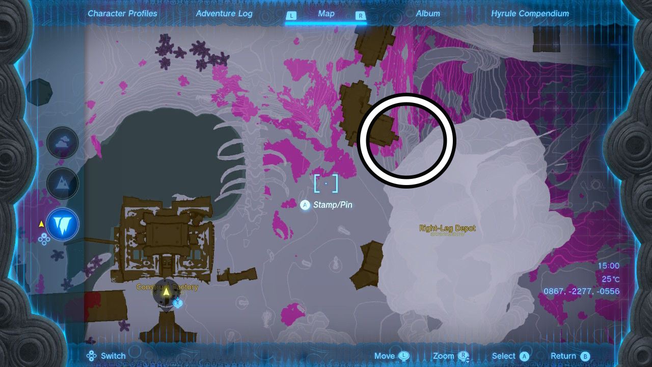 Map showing the location of the Right-Leg Depot in The Legend of Zelda: Tears of the Kingdom.