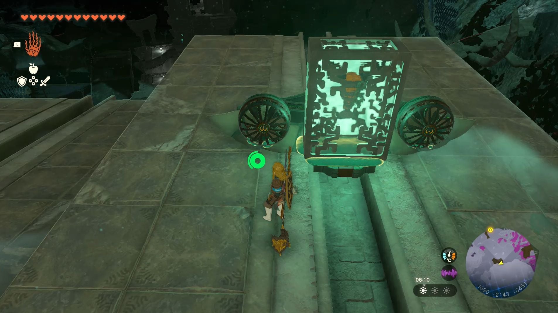 Link standing by a makeshift glider which is being used to transport the Construct&rsquo;s right-leg.