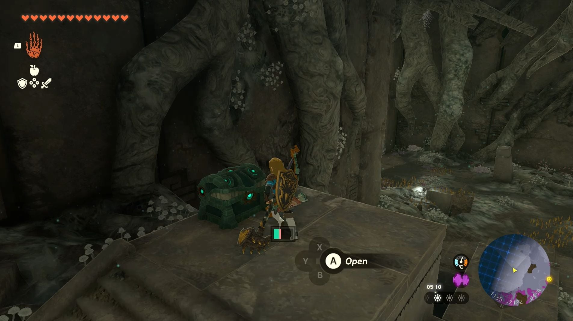 Link standing by a chest in the Right-Leg Depot in The Legend of Zelda: Tears of the Kingdom.