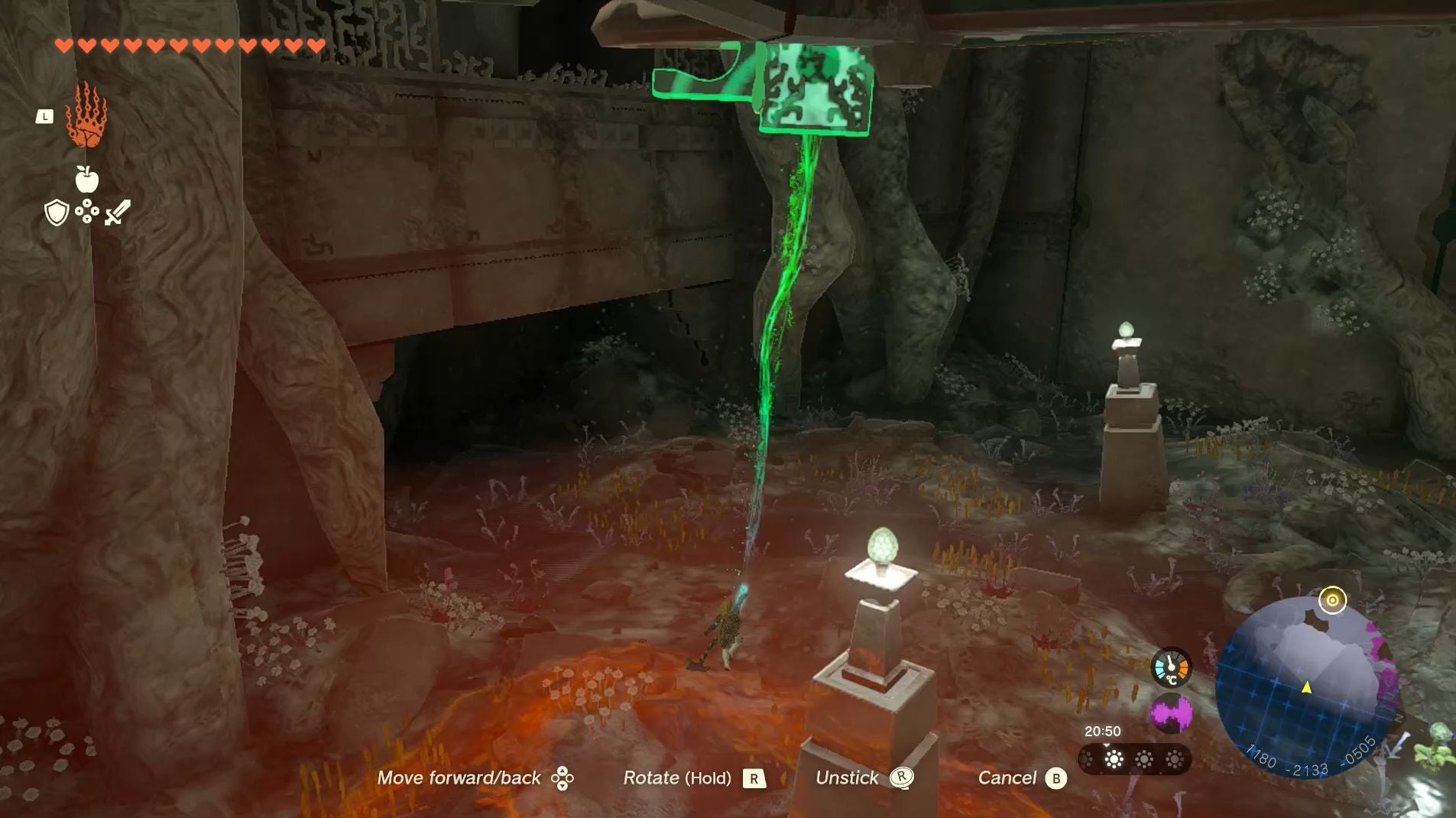 Link using his Ultrahand ability to move the Construct&rsquo;s right-leg high above ground in the Right-Leg Depot.