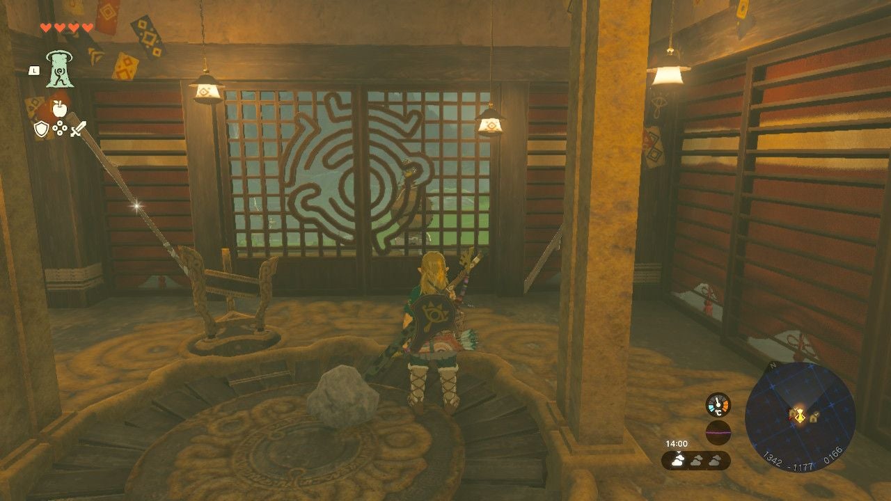 Link standing inside the Sahasra Slope Skyview Tower.