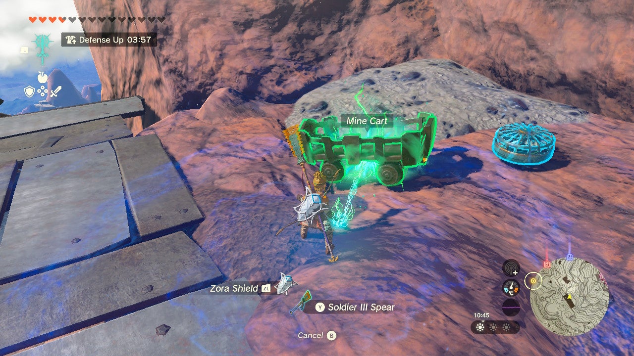 Link fusing a minecart to his shield in Zelda: Tears of the Kingdom