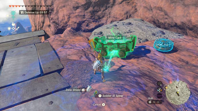 Link fusing a minecart to his shield in Zelda: Tears of the Kingdom