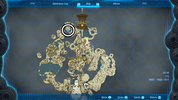 Map showing the location of the Ukouh Shrine in The Legend of Zelda: Tears of the Kingdom.