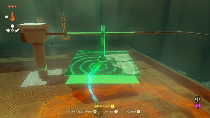 Link placing a platform on a railing in the Ukouh Shrine in The Legend of Zelda: Tears of the Kingdom.