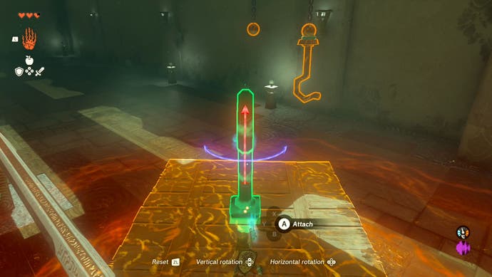 Link using the Ultrahand ability to create a platform he can travel on in the Ukouh Shrine.