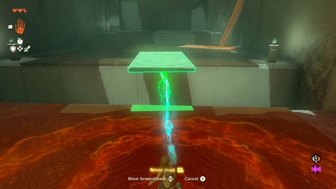 Link using his Ultrahand ability to move a large slab located at the Ukouh Shrine in The Legend of Zelda: Tears of the Kingdom.