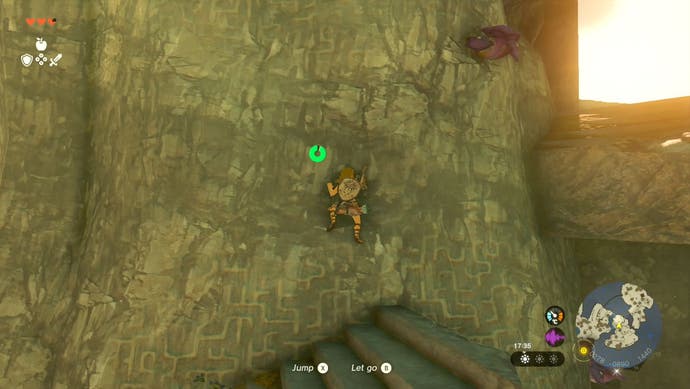 Link climbing a cliff face as he heads towards the Ukouh Shrine in The Legend of Zelda: Tears of the Kingdom.