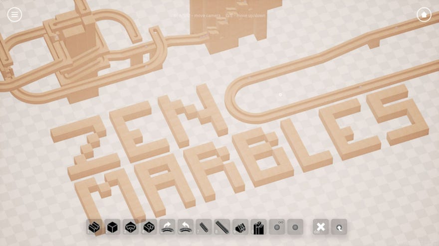 Wooden tracks on the floor spell out Zen Marbles, in a screenshot for… Zen Marbles