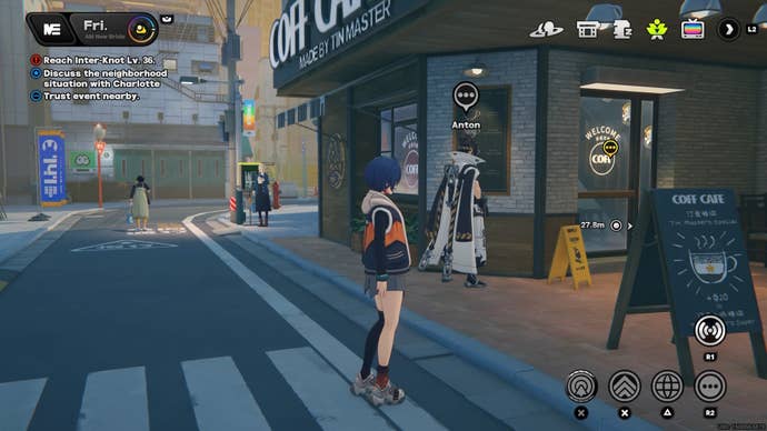 Belle looking at Anton beside Coff Cafe on Sixth Street in Zenless Zone Zero.