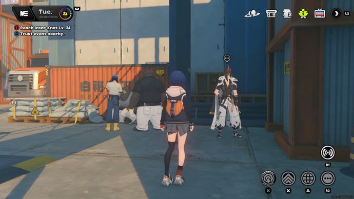 Belle looking at Anton at the Belobog construction site in Zenless Zone Zero.