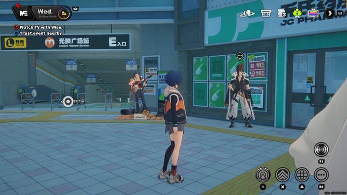 Belle looking at Anton standing outside Lumina Square station in Zenless Zone Zero.