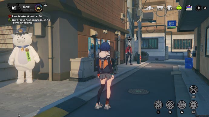 Belle looking at Billy standing in an alleyway on Sixth Street in Zenless Zone Zero.