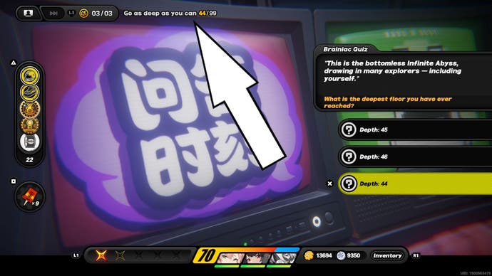 A white arrow pointing to text showing what floor of The Abyss the player is on in Zenless Zone Zero.