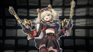 Burnice from Zenless Zone Zero on a a background of TV screens.