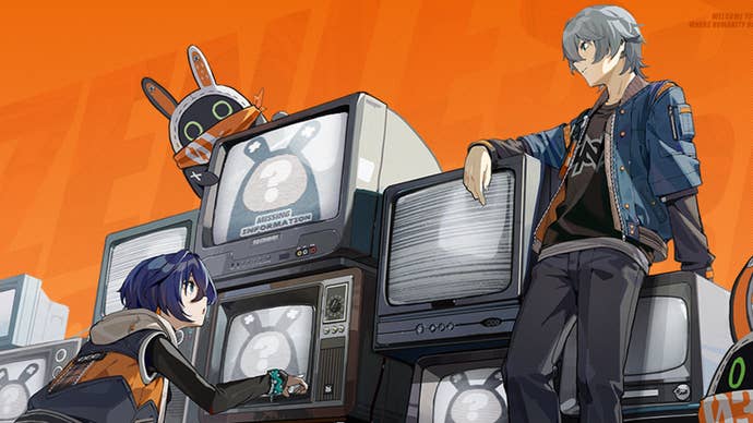 Three characters in ZZZ stood by a selection of TVs.