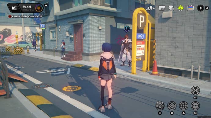 Belle looking at Anton standing on a street path on Sixth Street in Zenless Zone Zero.