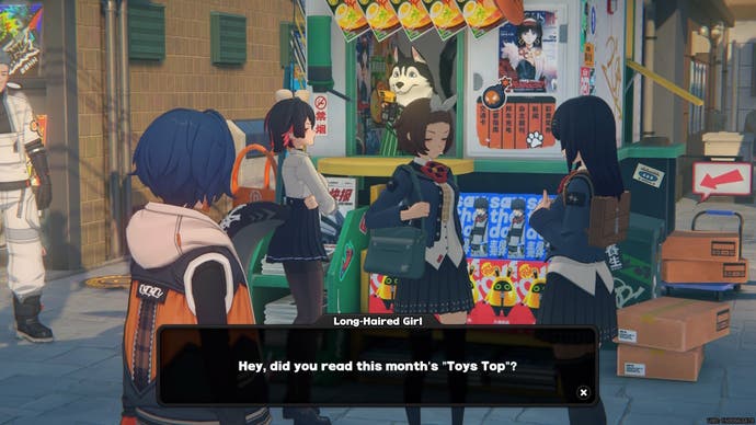 Belle looking at Ellen and her friends outside Howl's newsstand in Zenless Zone Zero.