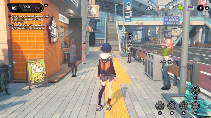 Belle looking at Ellen standing outside the tea shop in Zenless Zone Zero.