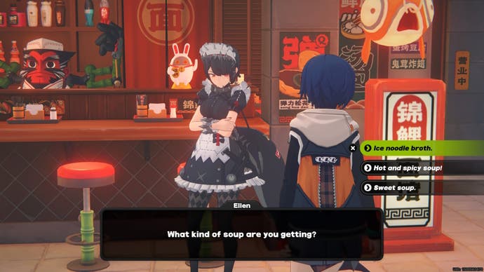 Belle talking to Ellen outside of Waterfall Soup in Zenless Zone Zero.