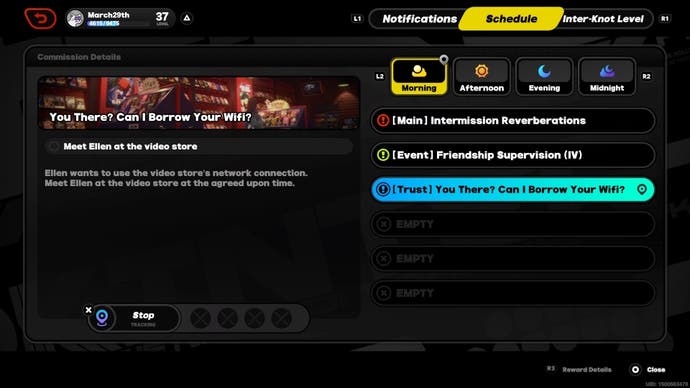 Menu view of an Ellen Trust hangout in Zenless Zone Zero.