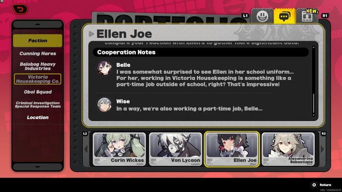 View of Ellen's agent profile menu in Zenless Zone Zero.