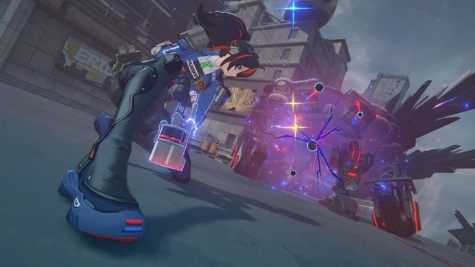 Zhu Yuan from Zenless Zone Zero posing in front of an Ethereal enemy after hitting it with an Ether bullet.