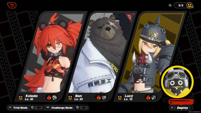 A team of Koleda, Ben, and Lucy with the Rocketboo Bangboo is shown in Zenless Zone Zero