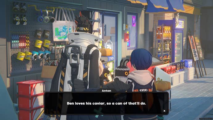 Belle standing with Anton at 141 convenience store on Sixth Street in Zenless Zone Zero.