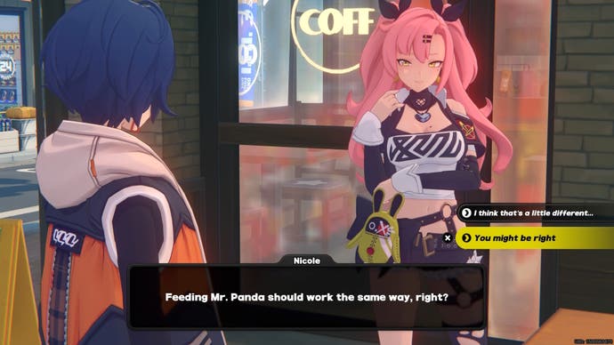 Belle talking to Nicole in the How to get Good Luck Trust hangout in Zenless Zone Zero.