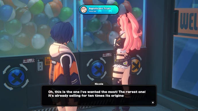 Belle talking to Nicole in the Make a Fortune from Gacha Trust hangout in Zenless Zone Zero.