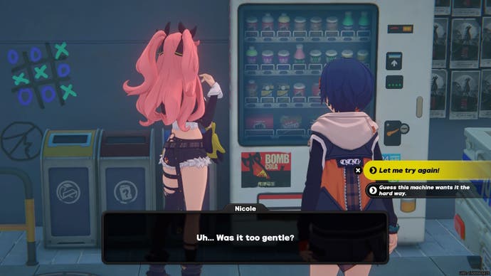 Belle talking to Nicole by a vending machine in the Vending Machine are a Gem Trust hangout in Zenless Zone Zero.