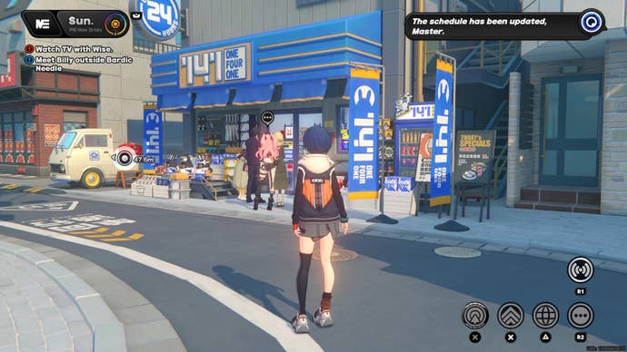 Belle looking at Nicole lining up outside of the 141 convenience store on Sixth Street in Zenless Zone Zero.