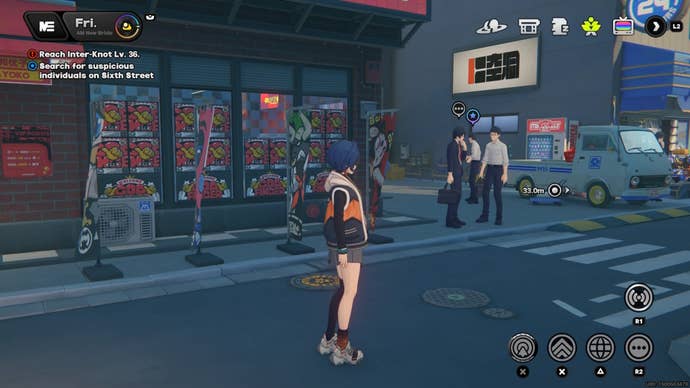 Belle looking at two men talking in the parking lot of the 141 convenience store on Sixth Street in Zenless Zone Zero.