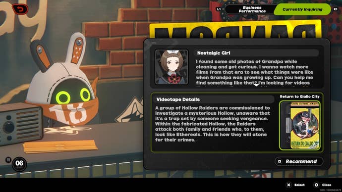 The video recommendation menu in Zenless Zone Zero showing Return to Giallo City as the correct movie recommendation for Nostalgic Girl.