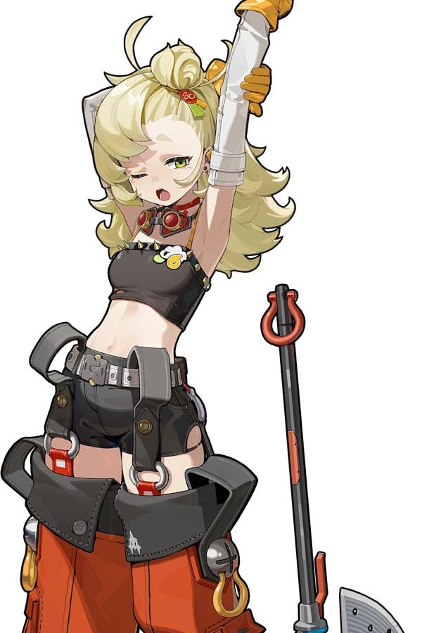 Cropped view of Piper posing while stretching one arm in the air in promotional artwork for Zenless Zone Zero.