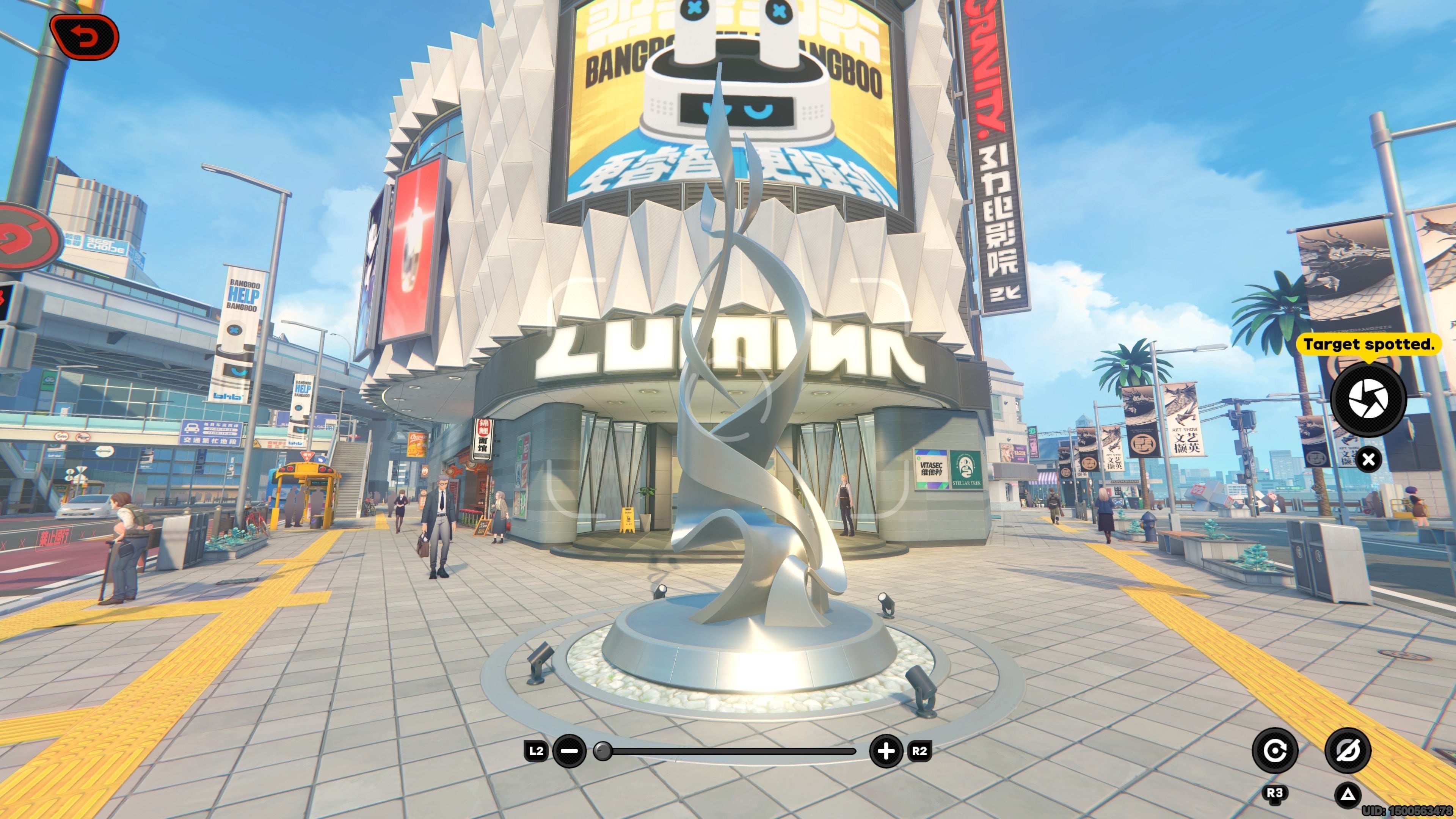 First person camera view of the silver artwork statue in the middle of Lumina Square in Zenless Zone Zero.
