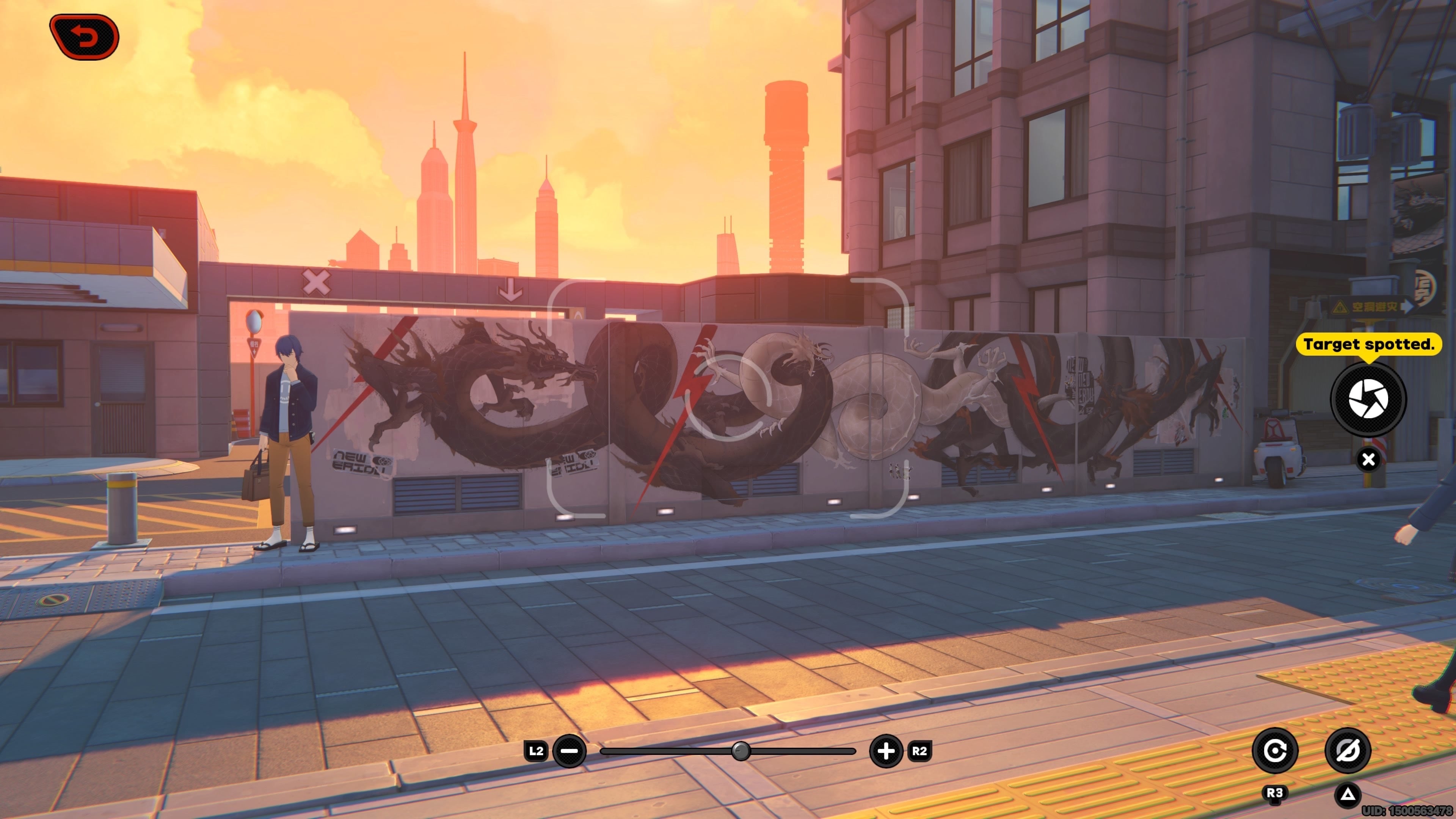 First person camera view of dragon graffiti on a wall in Lumina Square in Zenless Zone Zero.