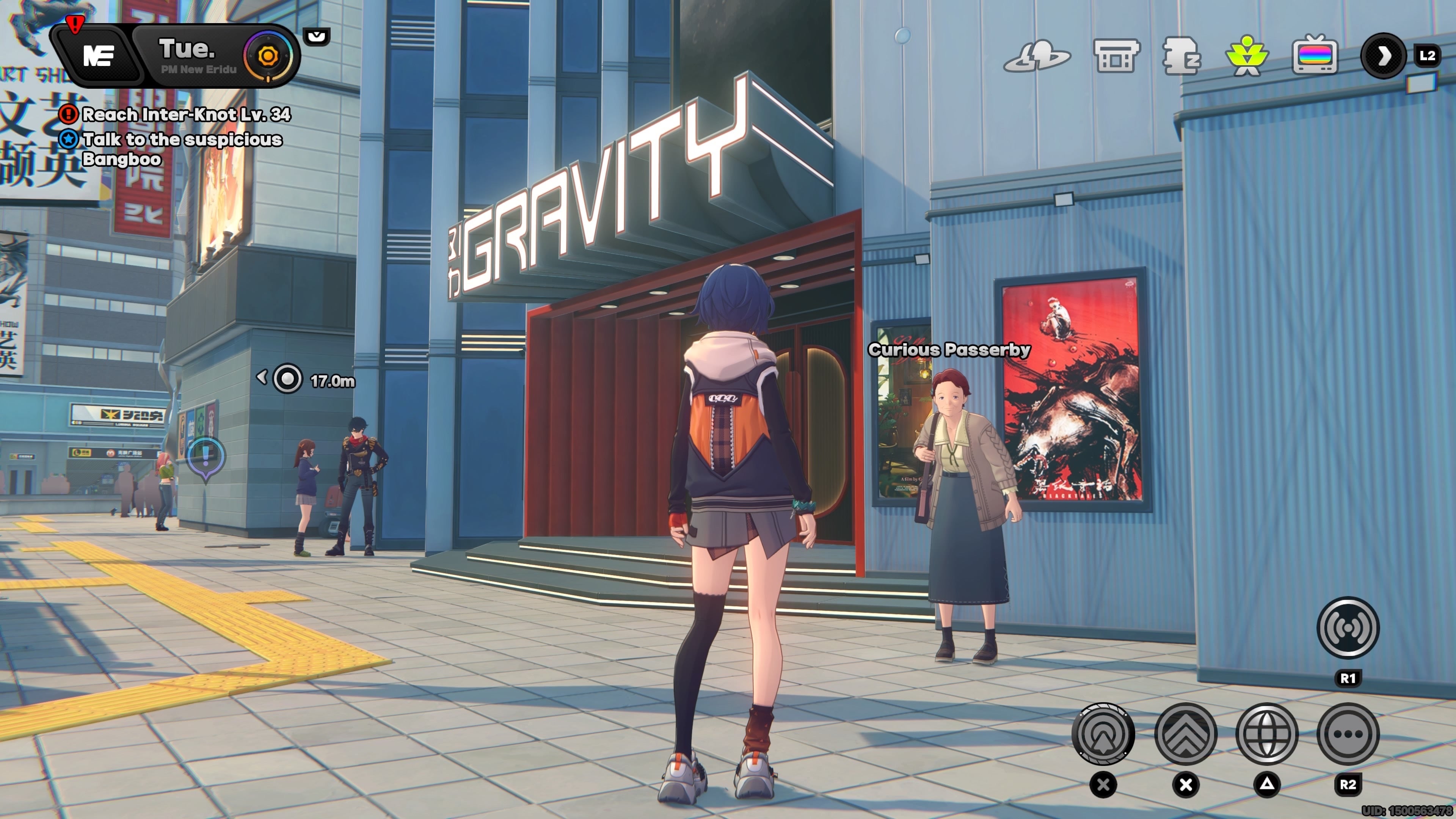 Belle looking at an older woman standing on the streets of Lumina Square in Zenless Zone Zero.