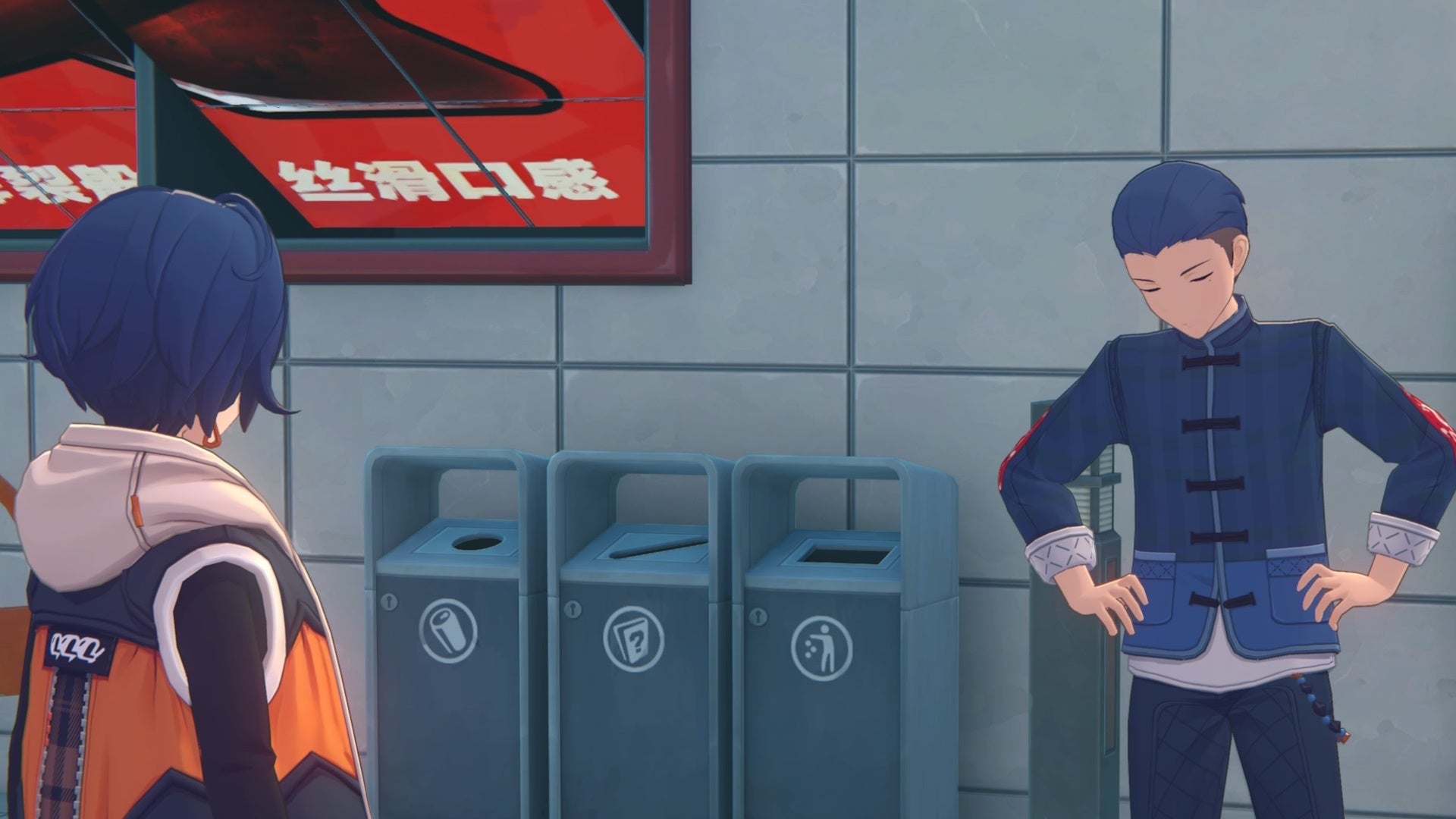 Cropped view of Belle talking to Sam in Lumina Square in Zenless Zone Zero.