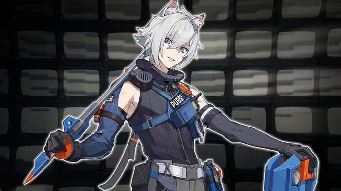 Portrait art of Seth from Zenless Zone Zero on a background of stacked TV screens.