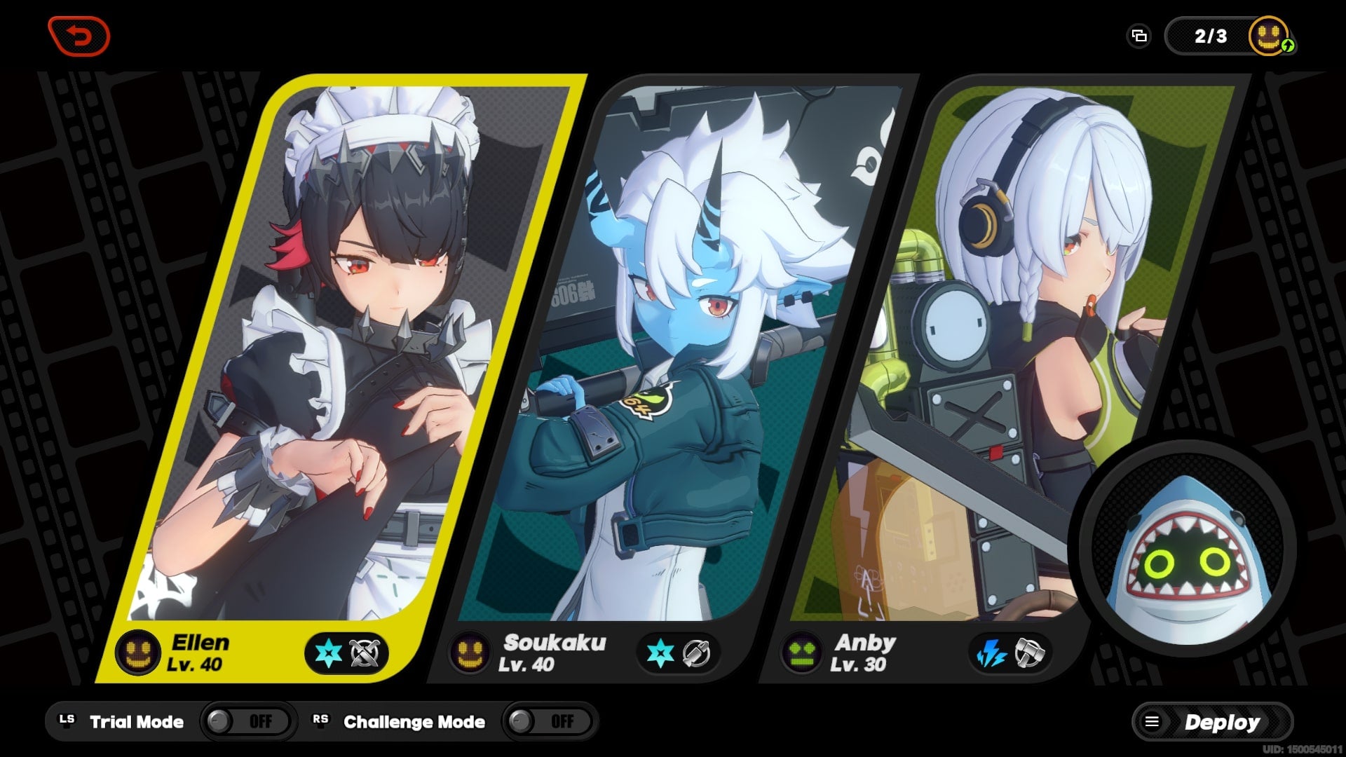 A team composition for Soukaku - consisting of Ellen, Anby, and Sharkboo - is shown in Zenless Zone Zero - 3
