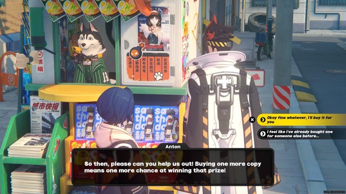 Belle standing with Anton at Scratch's newsagent stand on Sixth Street in Zenless Zone Zero.
